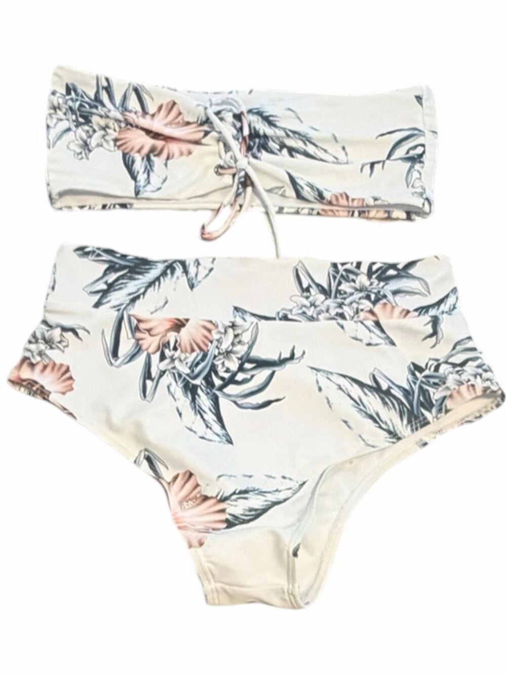 Tropical Floral Bandeau Bikini Set High Waisted Bottoms Medium Lace Up Top Large
